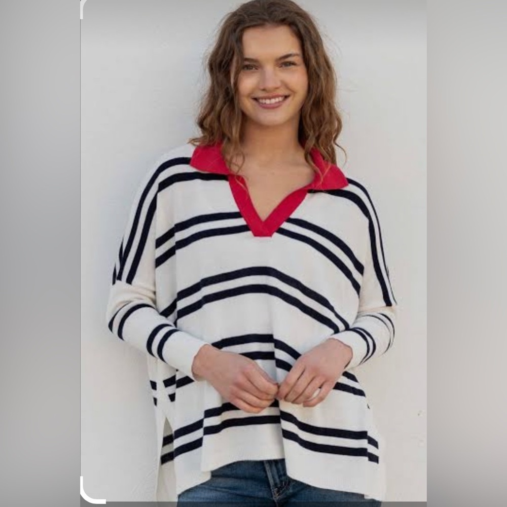 MERSEA Nautical Navy Striped Polo Sweater Coastal Chic Grandmother | One Size